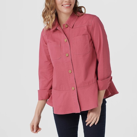 NWOT QVC Denim & Co. Pink Cotton Button Front Peplum Jacket Size 1X - Picture 1 of 13
